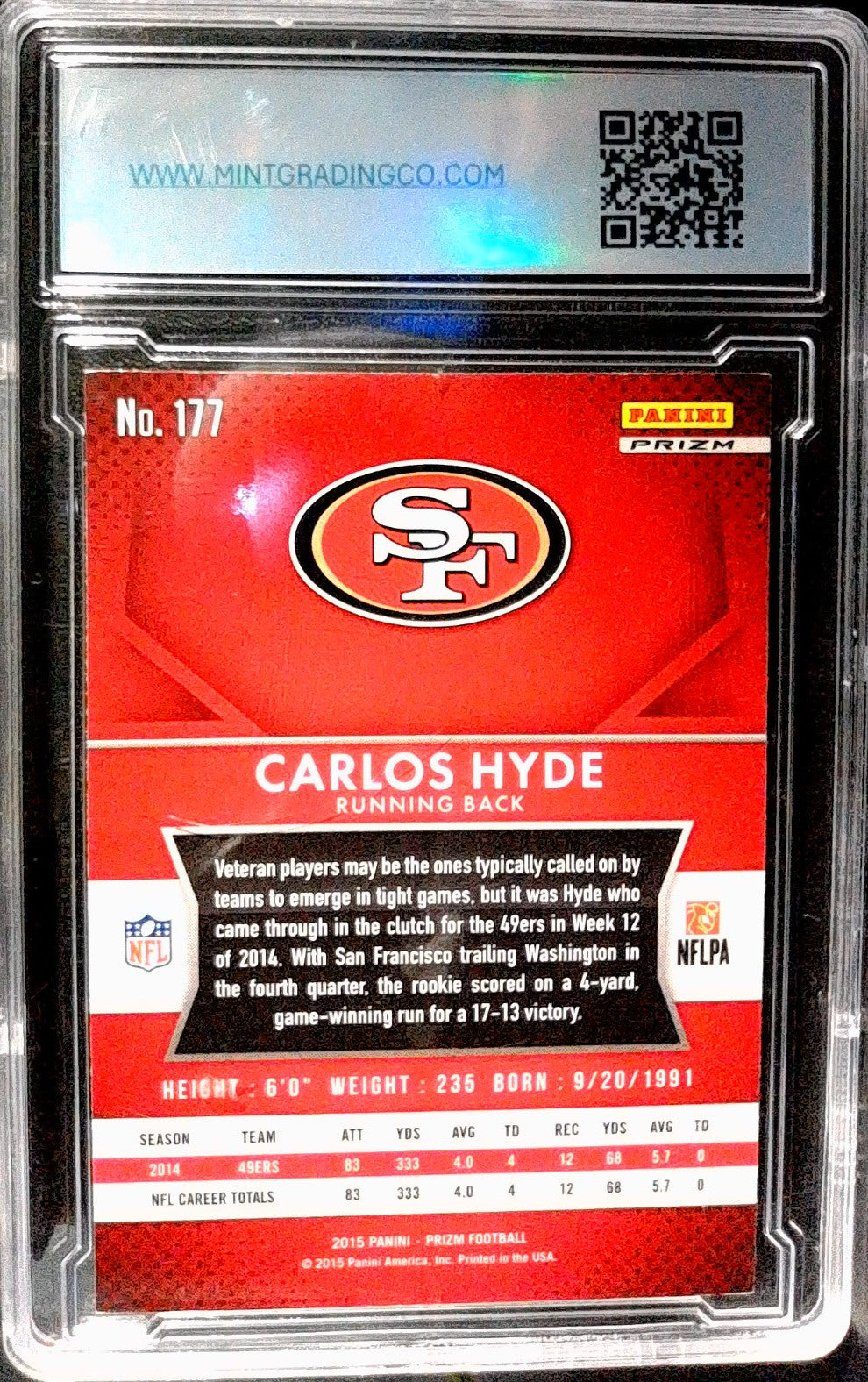 2015 Panini Prizm #177 Carlos Hyde Red, White, and Blue Prizm MNT 10