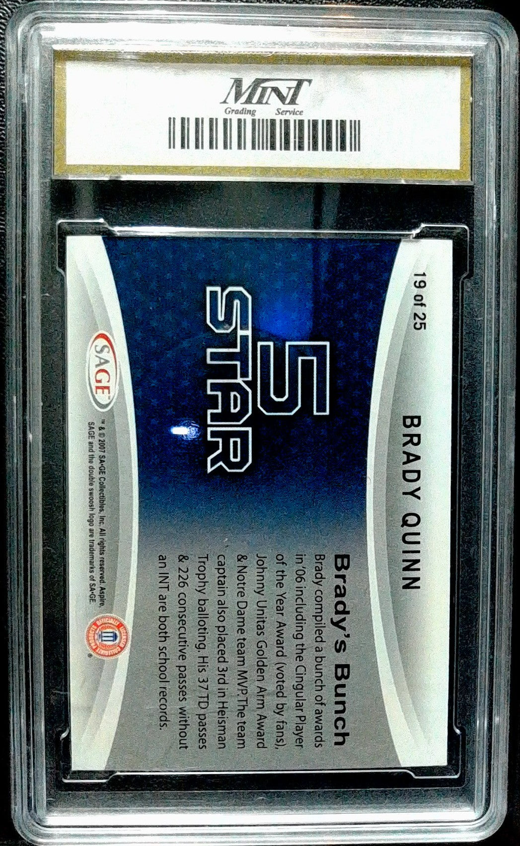 2007 SAGE Aspire #19 Brady Quinn 5 Star MNT 10