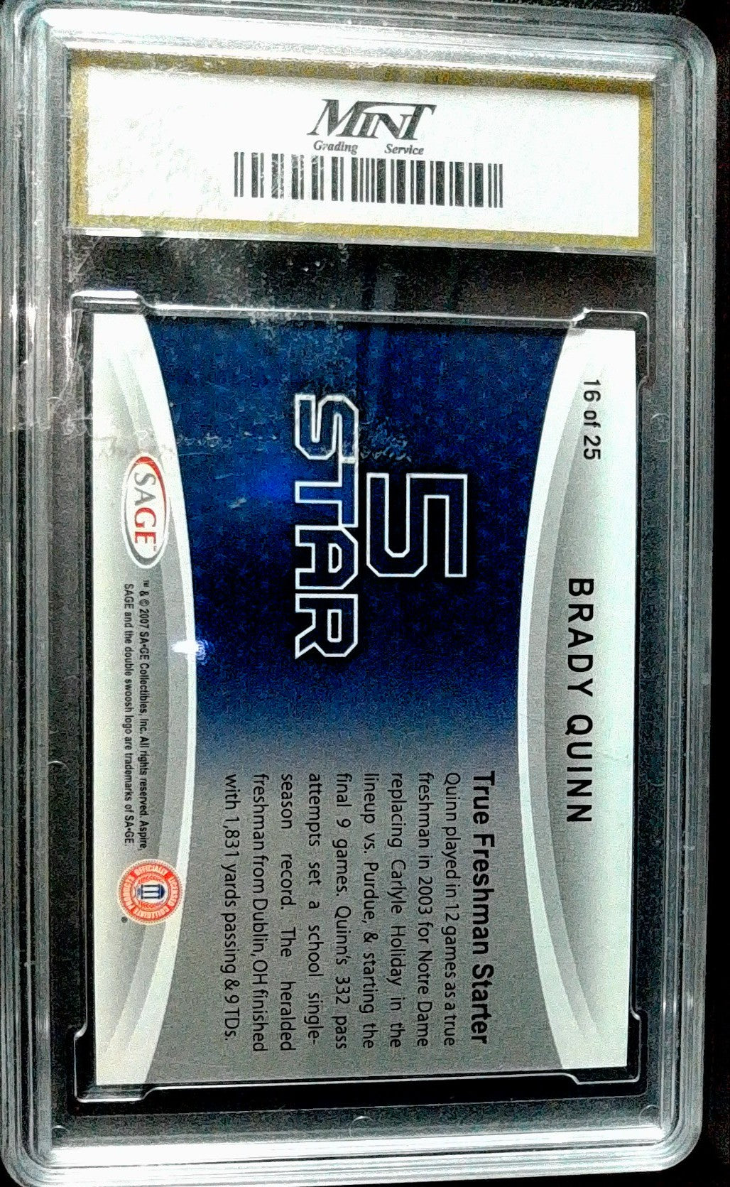 2007 SAGE Aspire #16 Brady Quinn 5 Star MNT 10