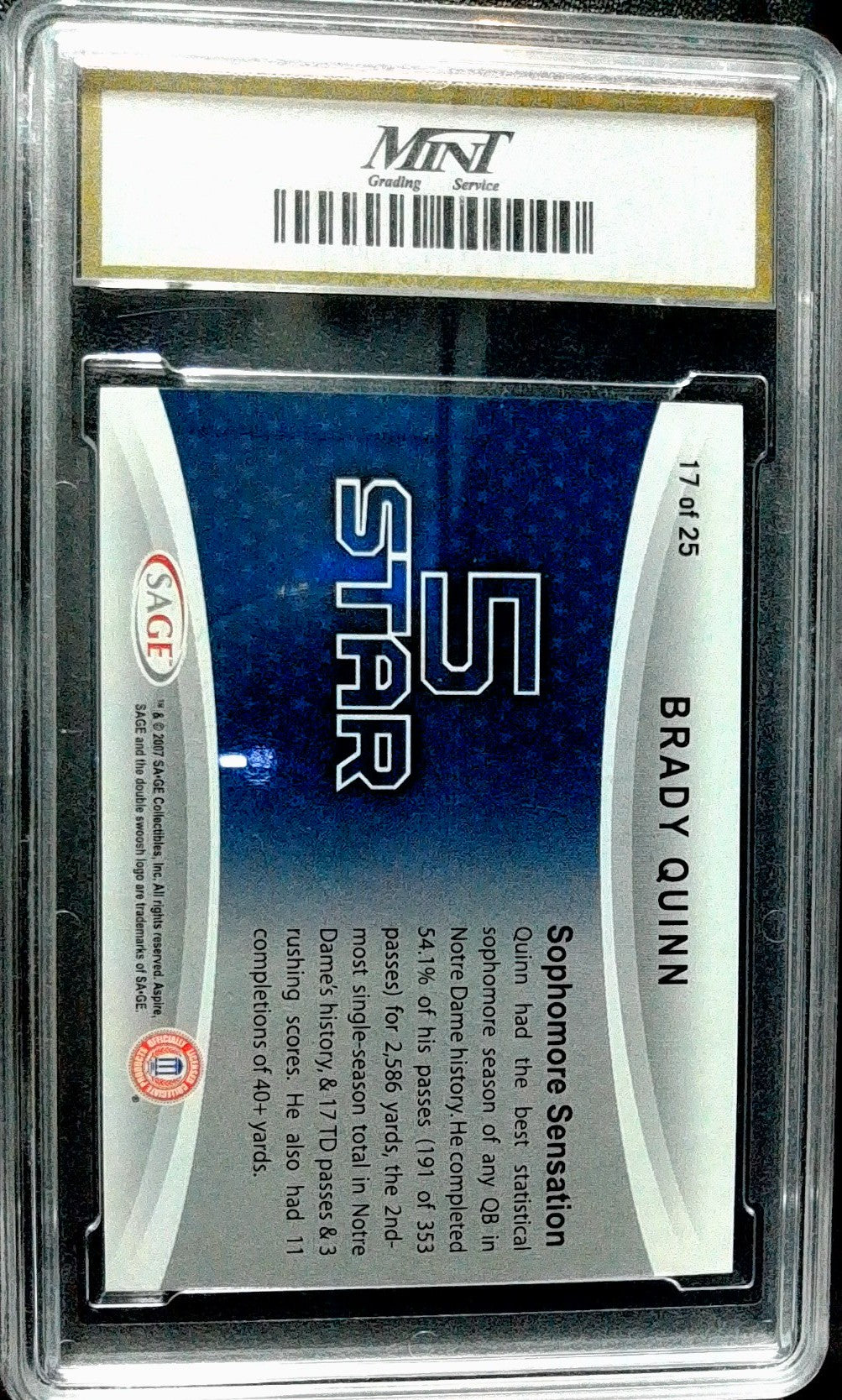 2007 SAGE Aspire #17 Brady Quinn 5 Star MNT 10