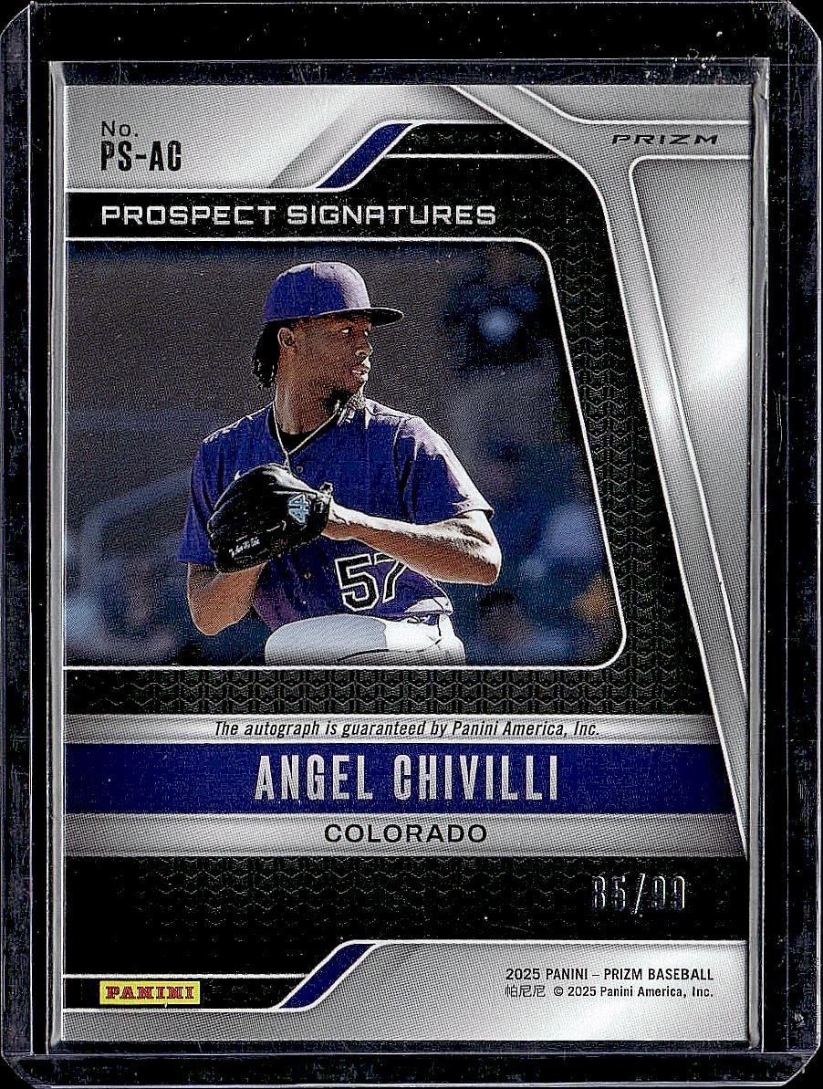2025 Panini Prizm #PS-AC Angel Chivilli Prospect Signatures Red Prizms #/99