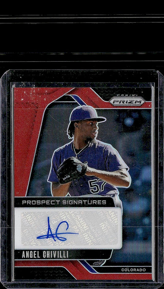 2025 Panini Prizm #PS-AC Angel Chivilli Prospect Signatures Red Prizms #/99