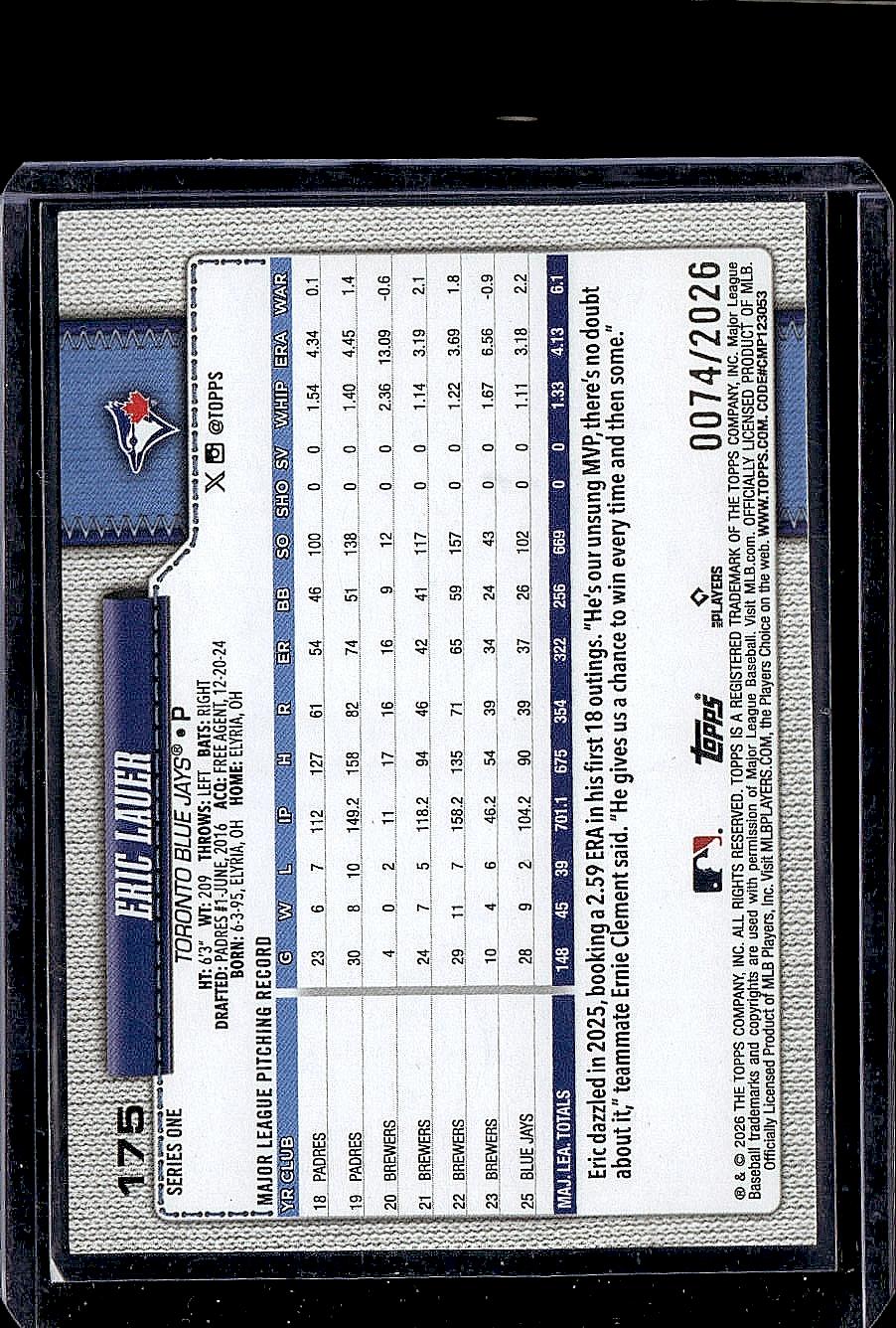 2026 Topps #175 Eric Lauer Gold #/2026