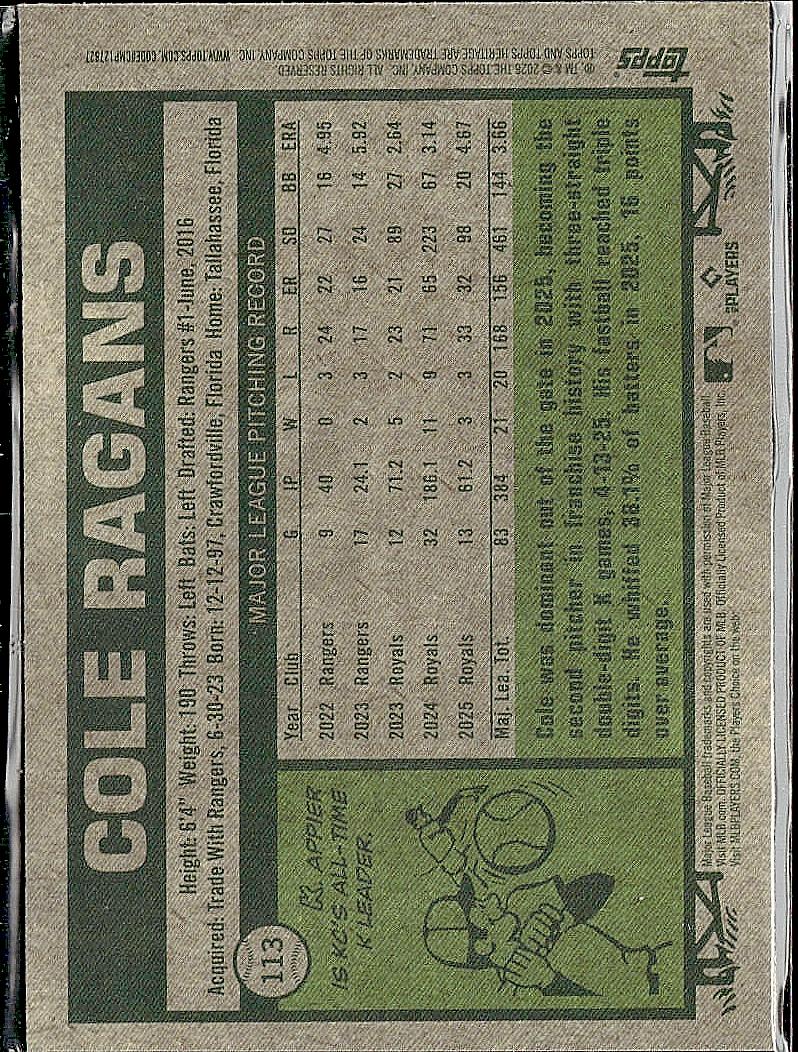 2026 Topps Heritage #113 Cole Ragans Chrome