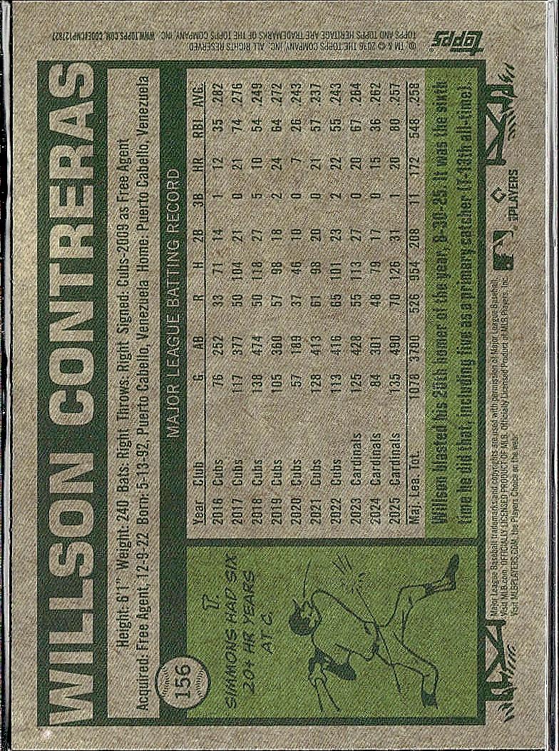 2026 Topps Heritage #156 Willson Contreras Chrome Light Blue Sparkle Refractors