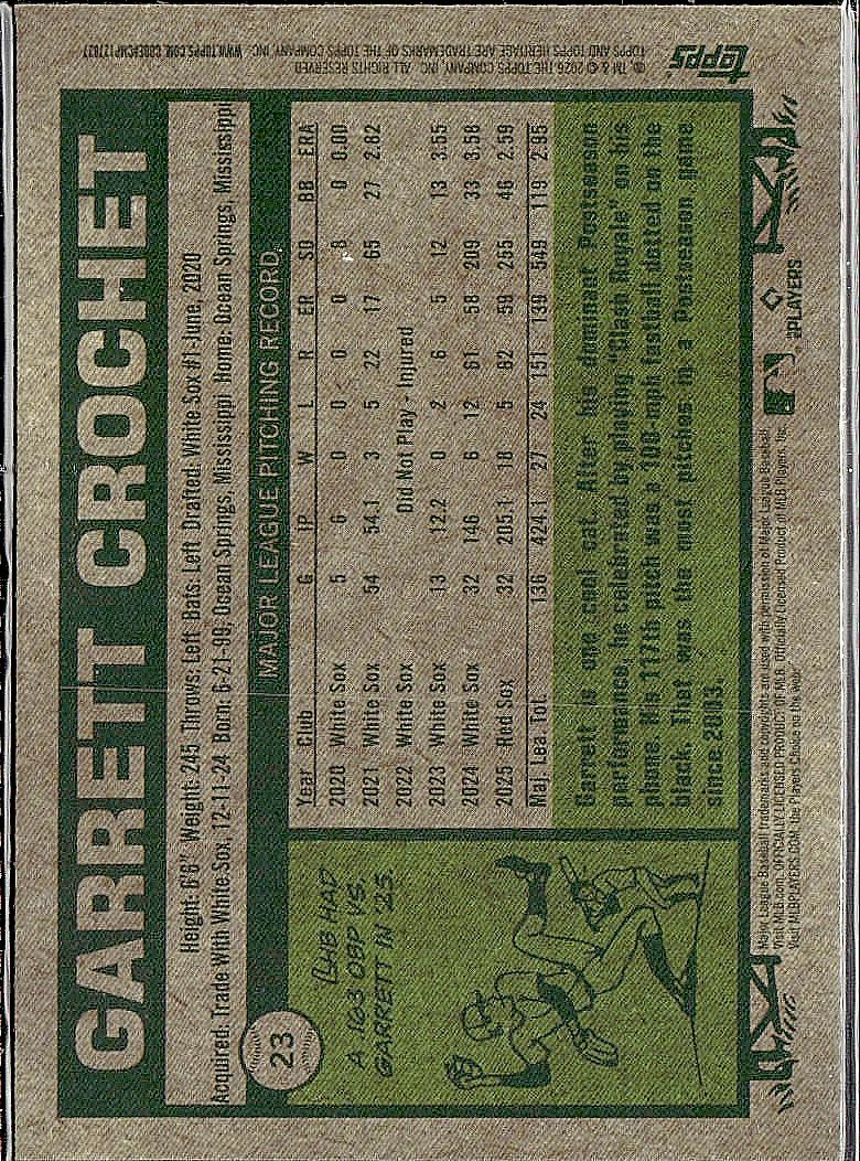 2026 Topps Heritage #23 Garrett Crochet Chrome Burgundy Sparkle Refractors