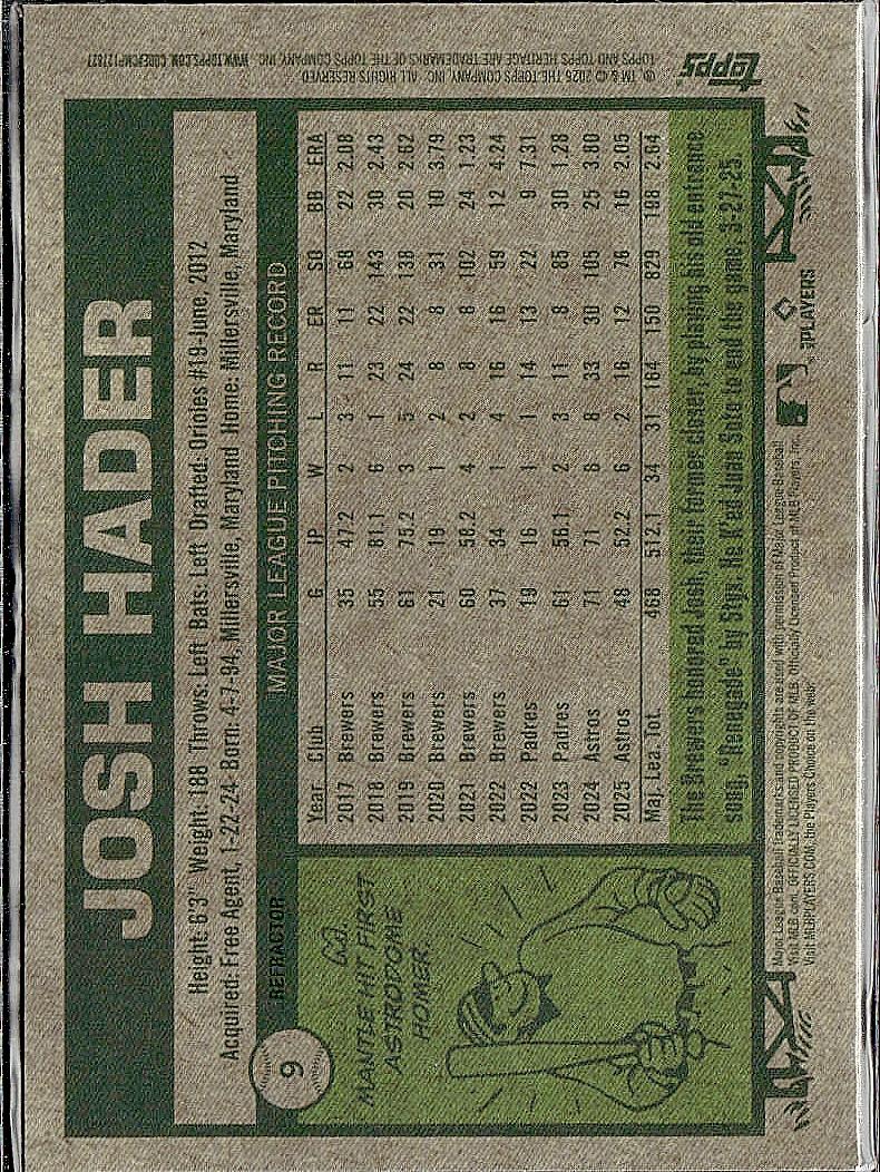 2026 Topps Heritage #9 Josh Hader Chrome Refractors