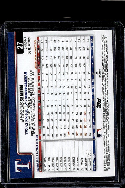 2025 Topps Chrome #27 Marcus Semien Green RayWave Refractors #/99