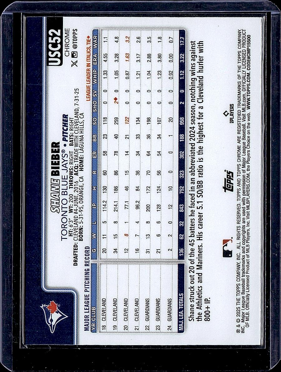 2025 Topps Chrome Update #USC52 Shane Bieber X-Fractors