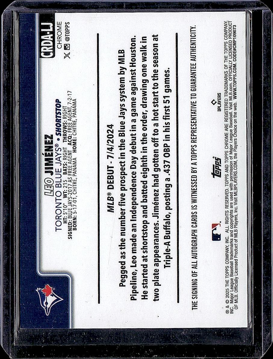 2025 Topps Chrome  Leo Jimenez Rookie Debut Autographs Purple Speckle #/299