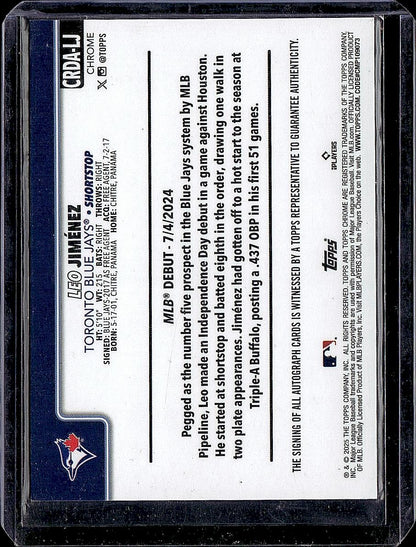 2025 Topps Chrome  Leo Jimenez Rookie Debut Autographs Purple Speckle #/299
