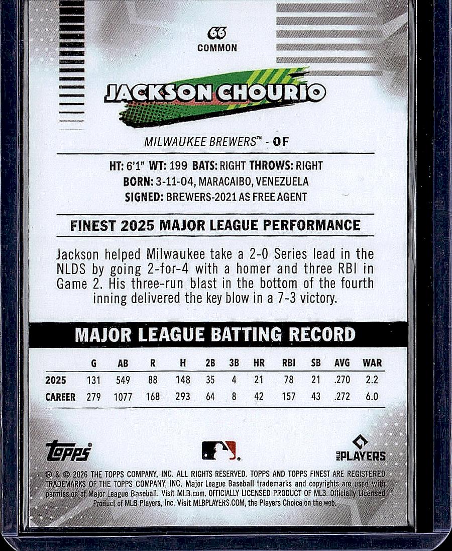2026 Finest #66 Jackson Chourio Mini-Diamond Refractors