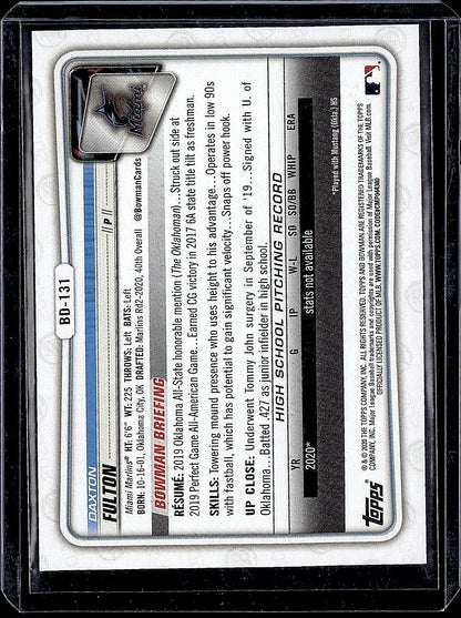 2020 Bowman Draft #BD-131 Daxton Fulton Blue #/150