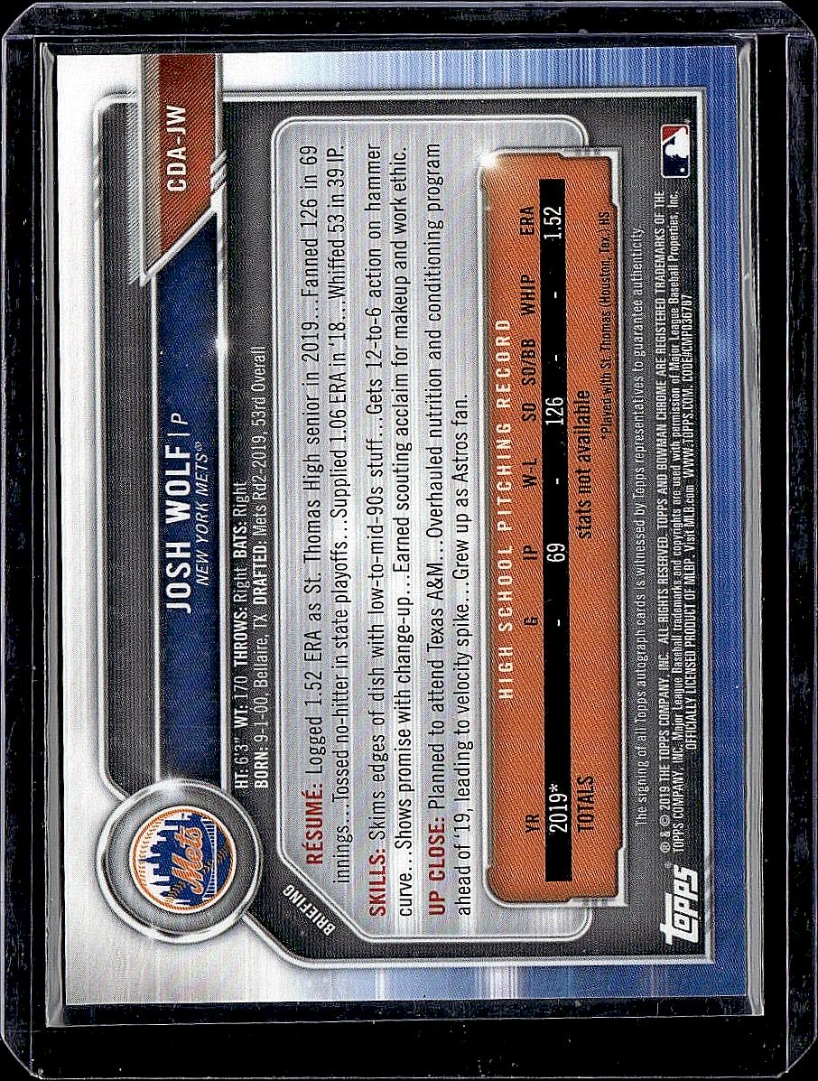 2019 Bowman Draft #CDA-JW Josh Wolf Chrome Draft Pick Autographs