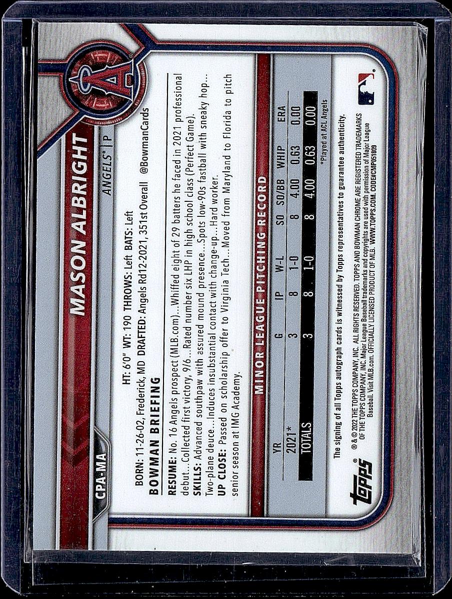 2022 Bowman #CPA-MA Mason Albright Chrome Prospects Autographs