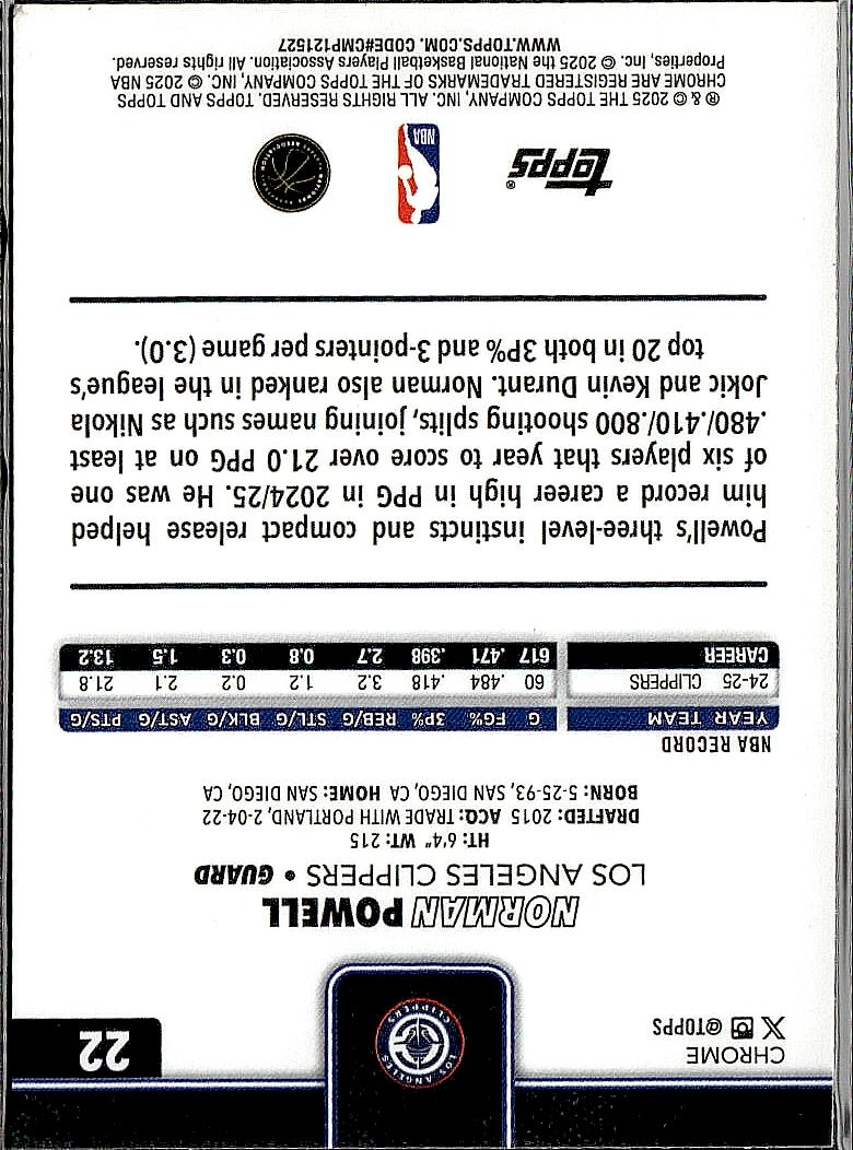 2025-26 Topps Chrome #22 Norman Powell X-Fractor