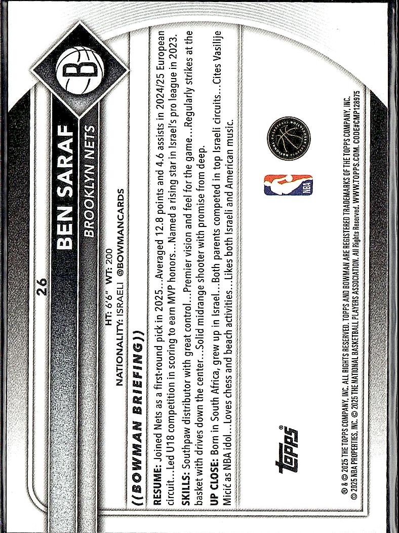 2025-26 Bowman #26 Ben Saraf