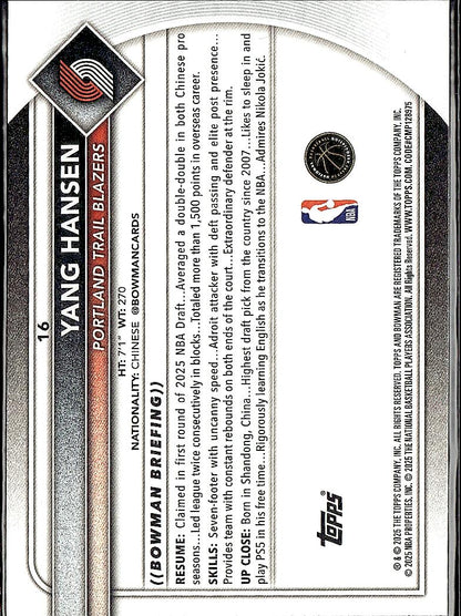 2025-26 Bowman #16 Yang Hansen