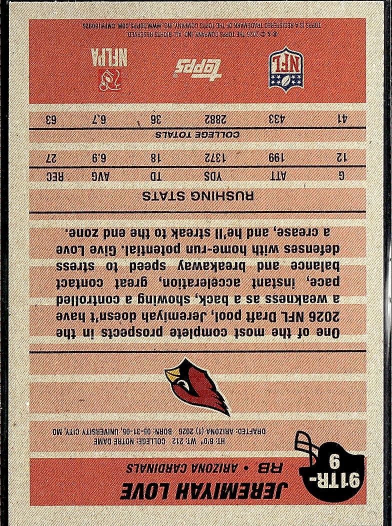 2026 Topps Flagship #91TR-9 Jeremiyah Love 1991 Topps Football Rookies