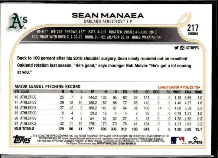 2022 Topps Chrome Sonic #217 Sean Manaea