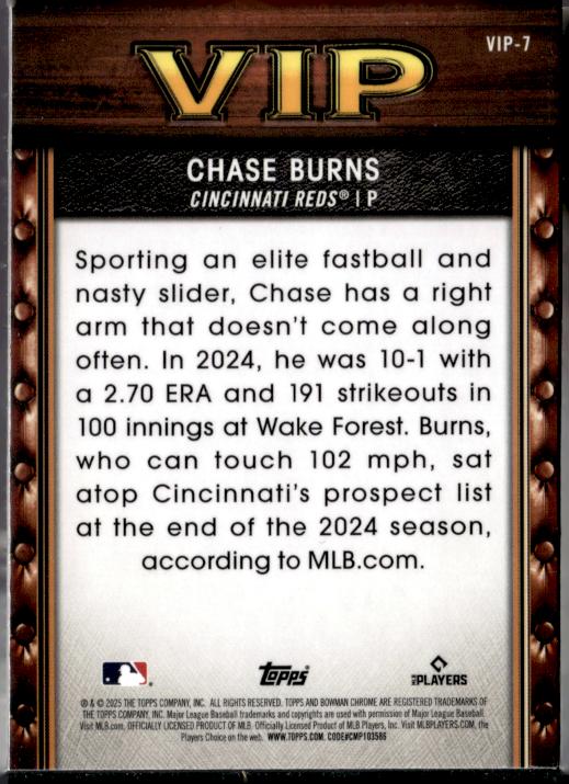 2025 Bowman #VIP-7 Chase Burns Very Important Prospects Mojo Refractor