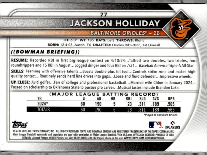 2025 Bowman #77 Jackson Holliday Chrome Mojo Refractor