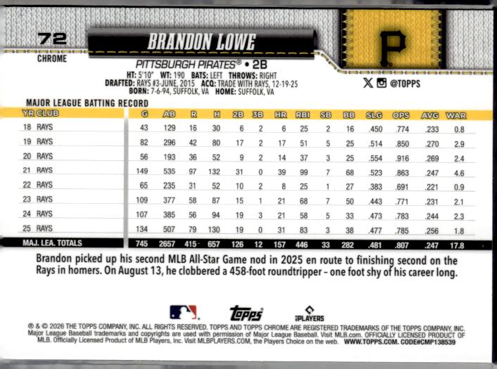 2026 Topps Chrome #72 Brandon Lowe