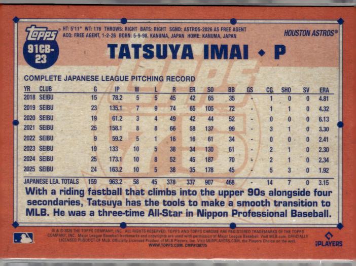 2026 Topps Chrome #91CB-23 Tatsuya Imai 1991 Topps Baseball 35th Anniversary