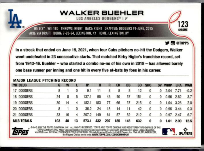 2022 Topps Chrome Sonic #123 Walker Buehler Black & White RayWave