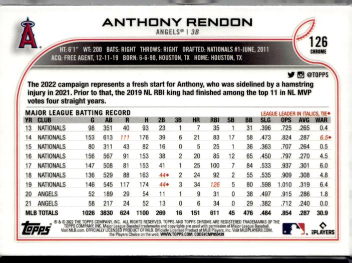 2022 Topps Chrome Sonic #126 Anthony Rendon Black & White RayWave