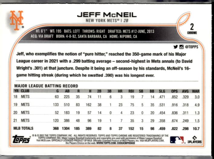 2022 Topps Chrome Sonic #2 Jeff McNeil