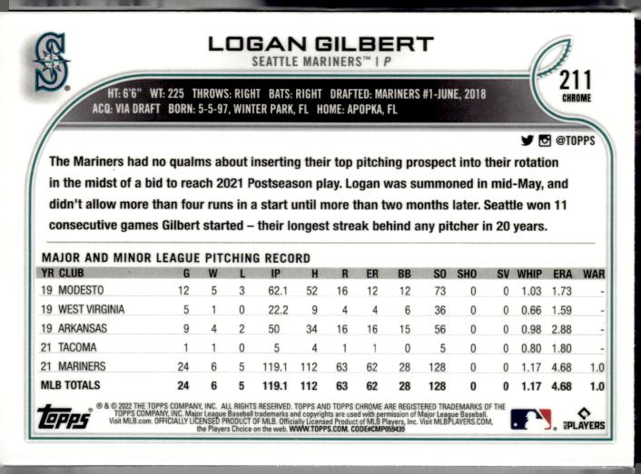 2022 Topps Chrome Sonic #211 Logan Gilbert