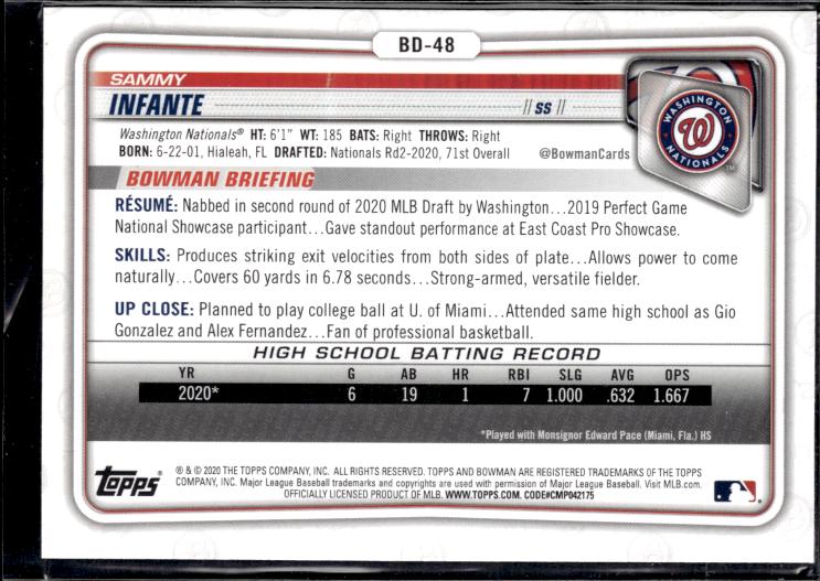 2020 Bowman Draft #BD-48 Sammy Infante