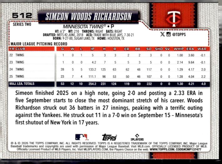 2026 Topps #512 Simeon Woods Richardson Sandglitter