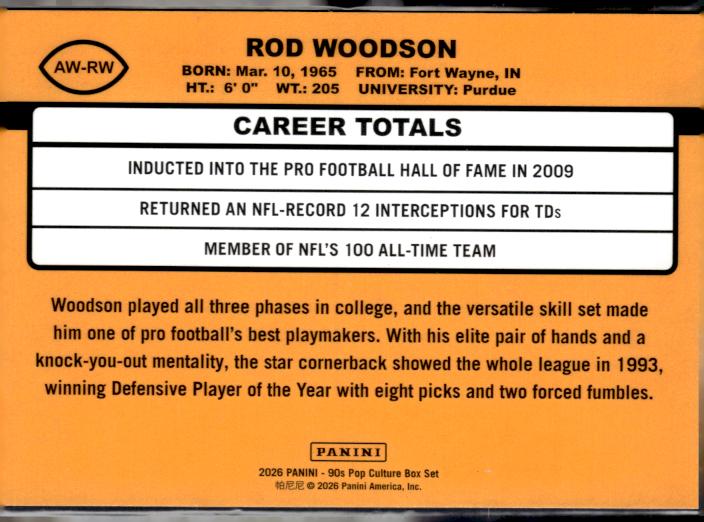 2026 Panini Decades 90s Pop Culture #AW-RW Rod Woodson Award Winners