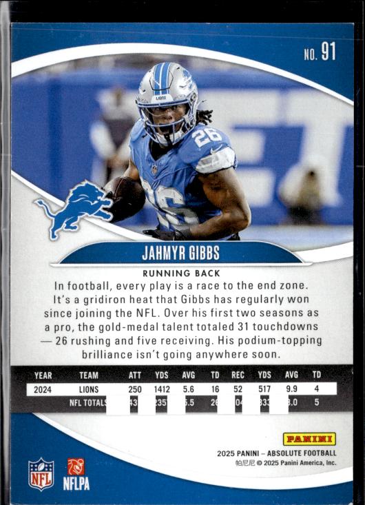 2025 Panini Absolute #91 Jahmyr Gibbs Green