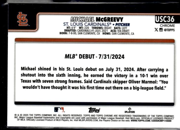 2025 Topps Chrome Update #USC36 Michael McGreevy Sepia Refractors